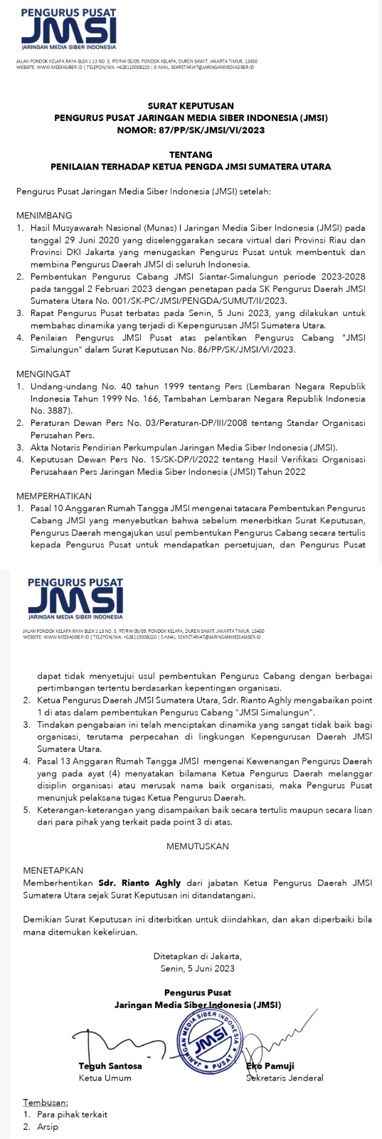 Ada Skenario Apa Dibalik SK Perpanjangan Plt Ketua JMSI Sumut