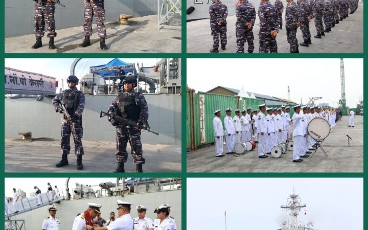 Prajurit Yonmarhanlan I Laksanakan Pengamanan dan Penyambutan Kapal Perang India di Pelabuhan Belawan