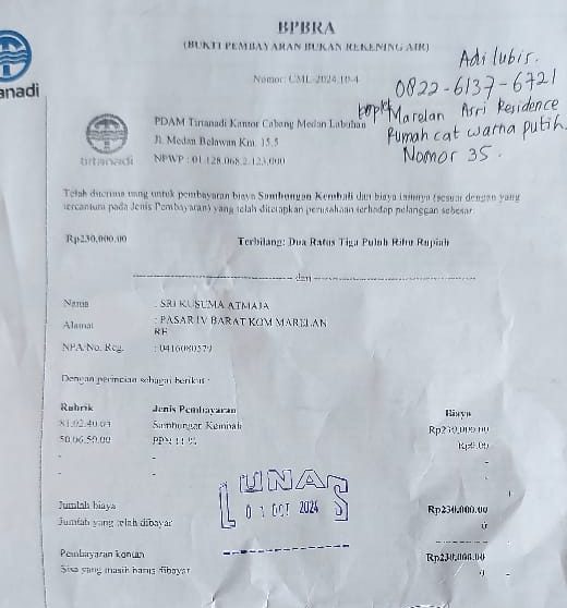 Pihak PDAM Tirtanadi cabang Marelan diduga semena mena terhadap pelanggan.