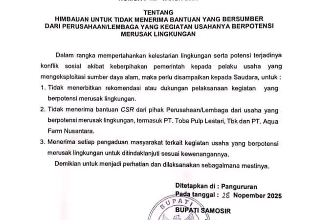 Pemkab Samosir Keluarkan Surat Edaran, Tolak Bantuan dari Perusahaan Perusak Lingkungan