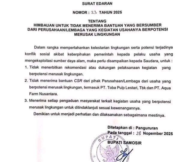 Pemkab Samosir Keluarkan Surat Edaran, Tolak Bantuan dari Perusahaan Perusak Lingkungan