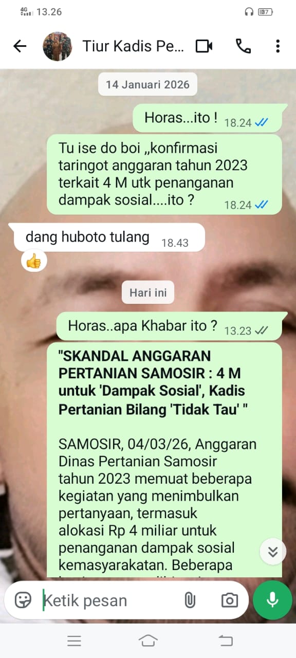 SKANDAL ANGGARAN PERTANIAN SAMOSIR : 4 M untuk ‘Dampak Sosial’, Kadis Pertanian Bilang ”Tidak Tau”
