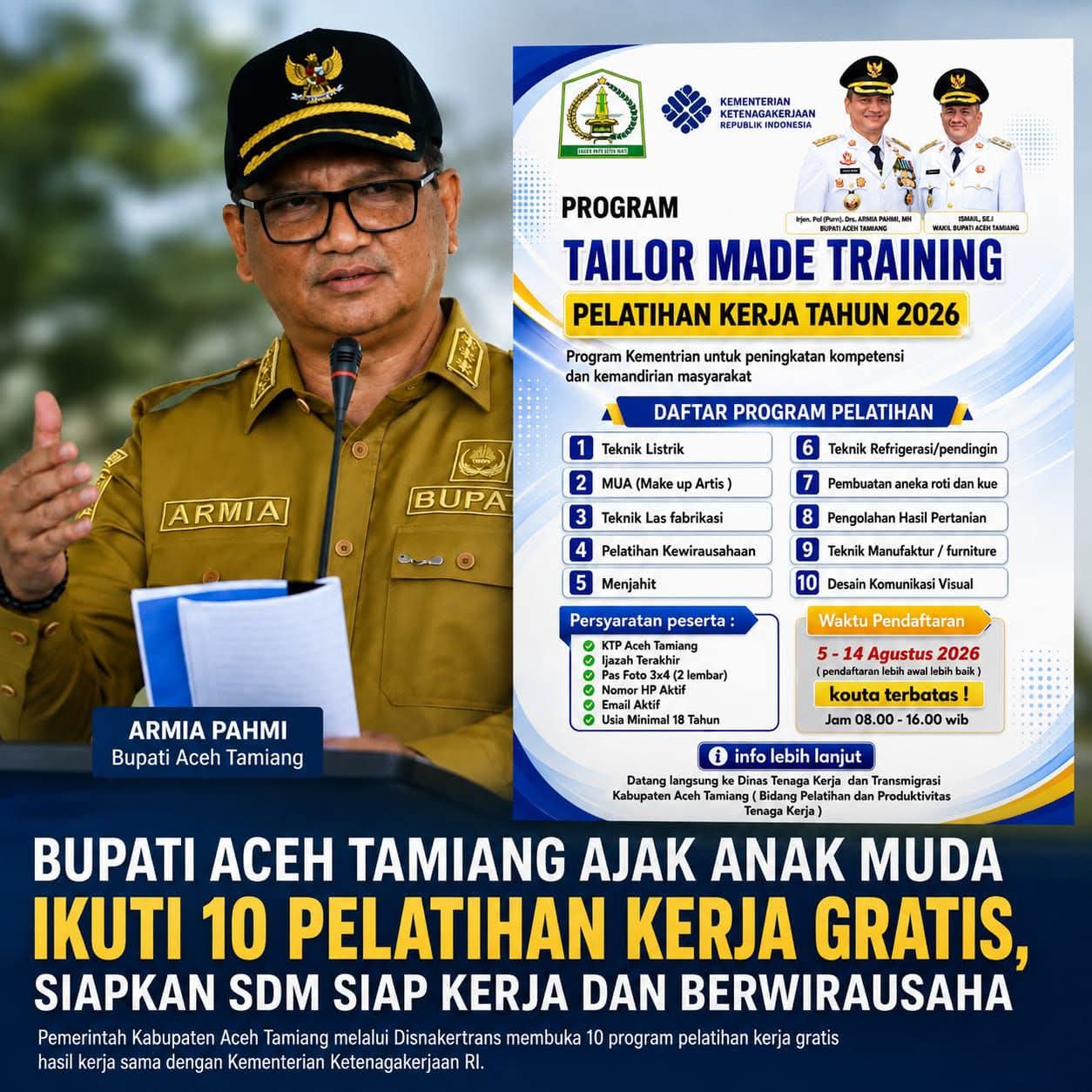 Bupati Aceh Tamiang Ajak Generasi Muda Ikuti 10 Pelatihan Kerja Gratis, Siapkan SDM Unggul Menuju Dunia Kerja dan Wirausaha