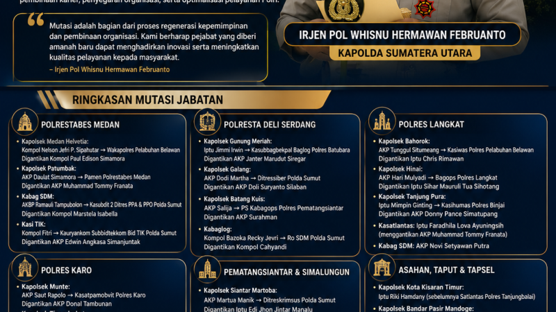 Gerbong Mutasi Bergerak, Puluhan Jabatan di Jajaran Polda Sumut Bergeser