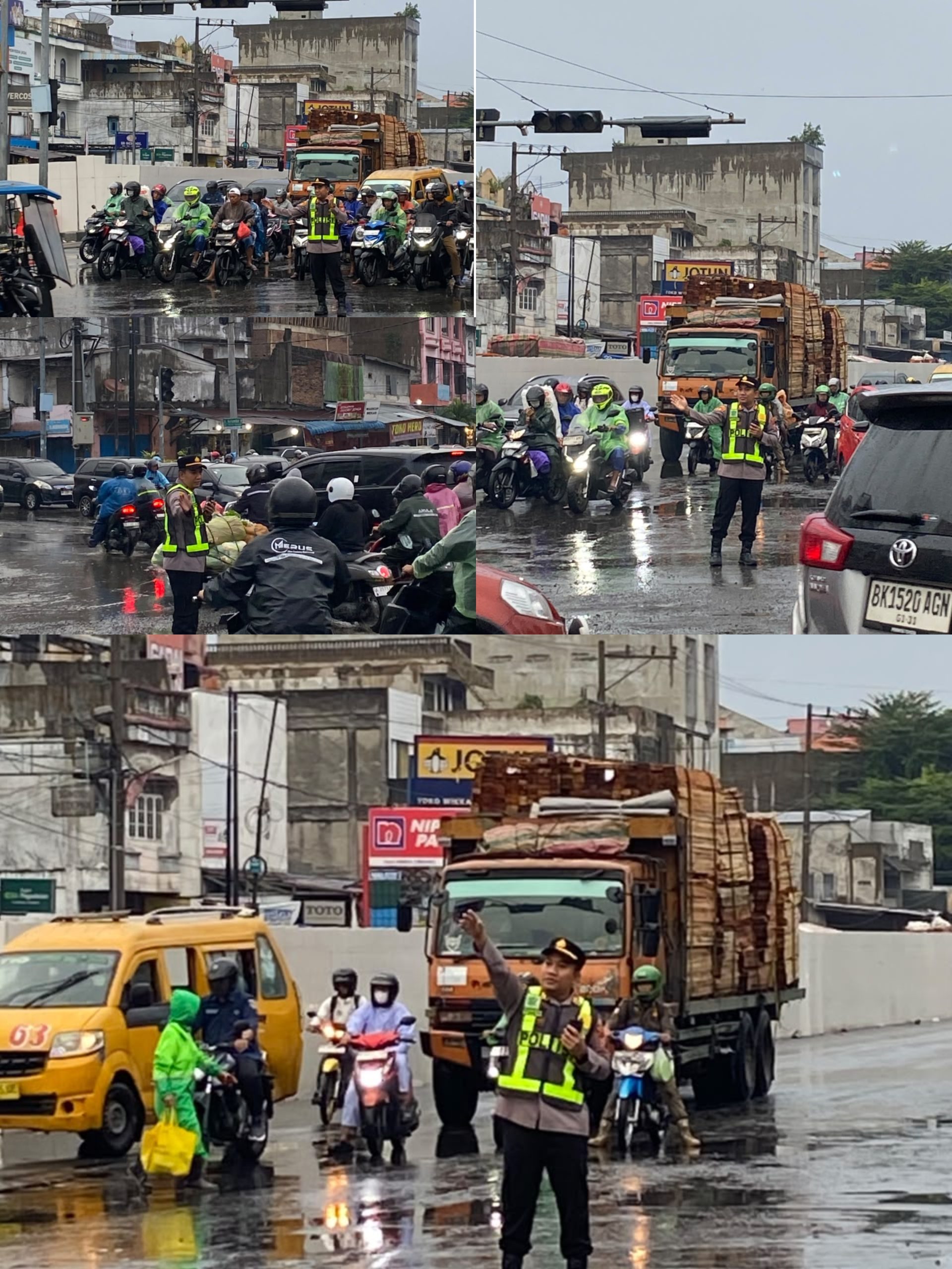 Diguyur Hujan Kapolsek Sunggal Turun Langsung Atur Lalin Pagi,Jalur Medan-Binjai Terpantau Lancar